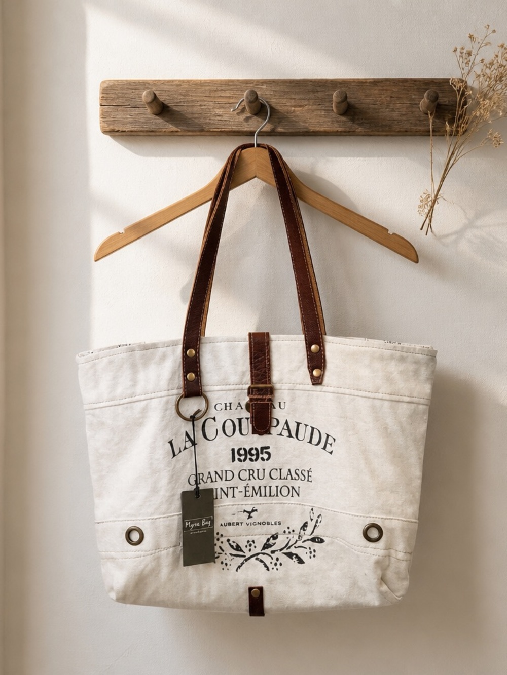 Myra Canvas Tote Bag with Brown Leather Straps - 1995 Print